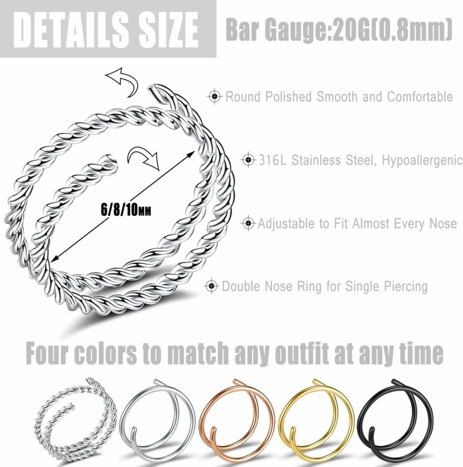 ZS Zs 9-36Pcs Faux Septum Nose Rings For Women Men, Fake Nose Rings Hoop, 316L Stainless Steel Faux Lip Nose Septum Piercing, 8Mm Non-Pierced Clip On Nose Rings Hoop Set Faux Body Piercing Jewelry