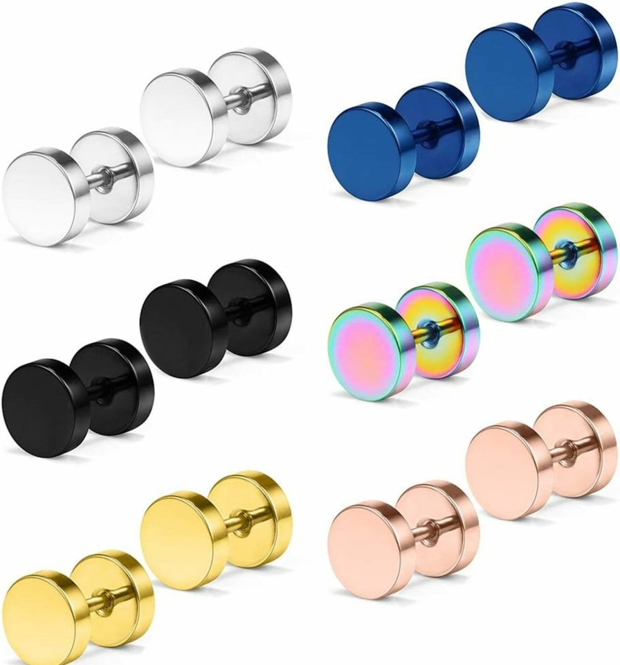 Dyknasz Dyknasz Flat Back Earrings Surgical Steel Mens Womens Stud Earrings Ear Plugs Tunnel Punk Style Piercing Jewelry 6 Pairs 3-6Mm Faux Body Piercing Jewelry