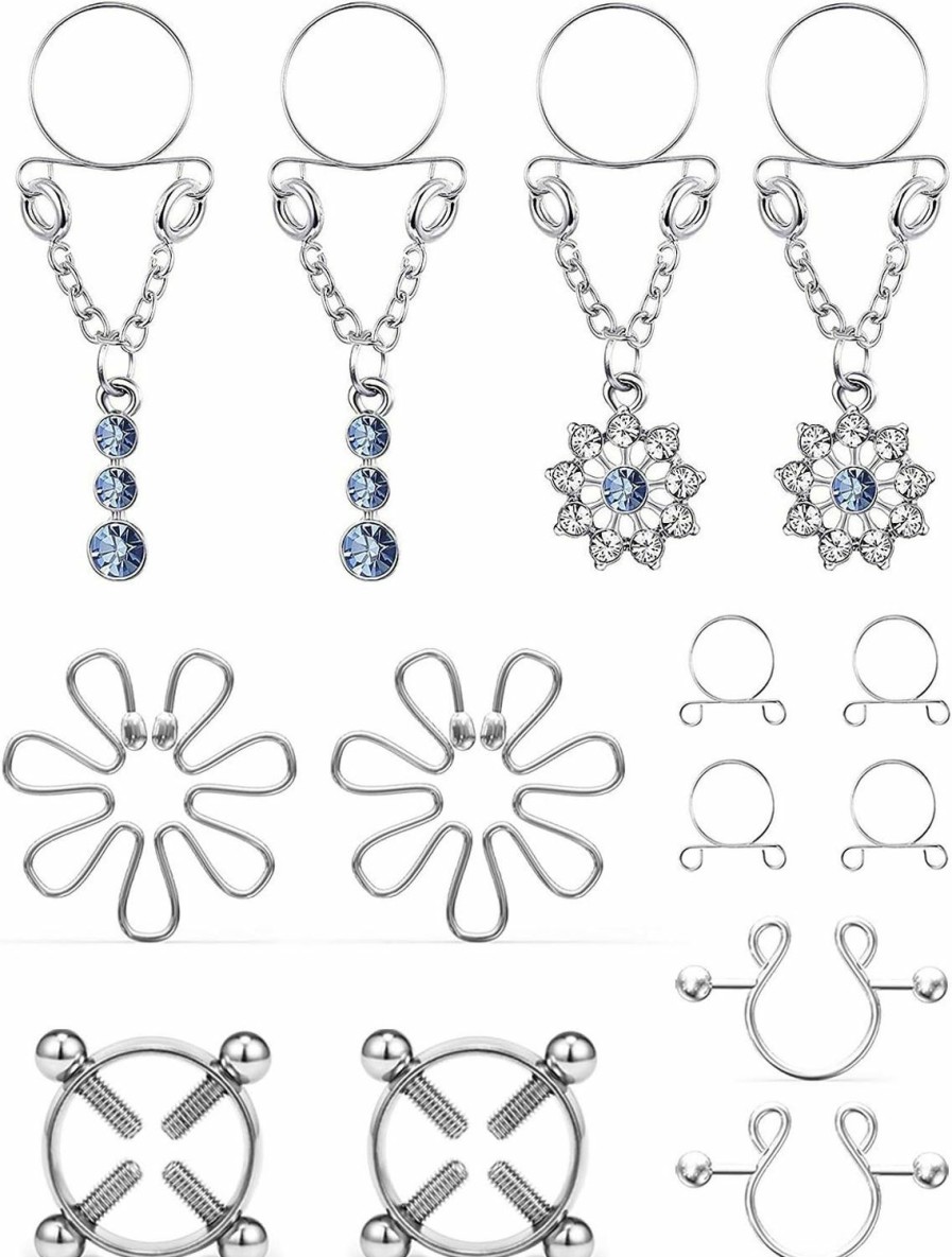 Cisyozi Cisyozi 5Pairs Stainless Steel Fake Nipple Rings For Women Non-Piercing Dangle Nipplerings Faux Body Piercing Jewelry Faux Body Piercing Jewelry