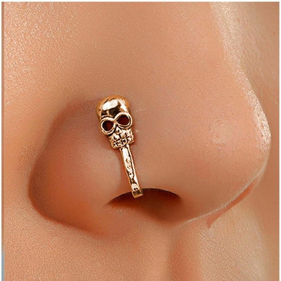 Sttiafay Sttiafay Punk Skull Nose Ring Skull Clip On Nose Ring Gold U Shape Clip On Nose Cuff Skull Non Piercing Nose Cuff Hoop Ring Bendable Nose Ring Jewelry For Women And Girls Faux Body Piercing Jewelry