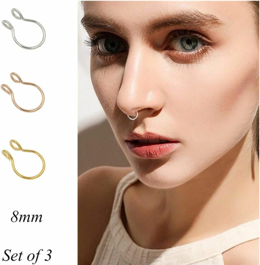 NZDLM Nzdlm Fake Septum Nose Ring Fake Nose Rings 20G Hoop Nose Ring Gold Rose Gold Silver 8Mm Non Pierced Clip Nose Ring Faux Body Piercing Jewelry For Women Men Faux Body Piercing Jewelry