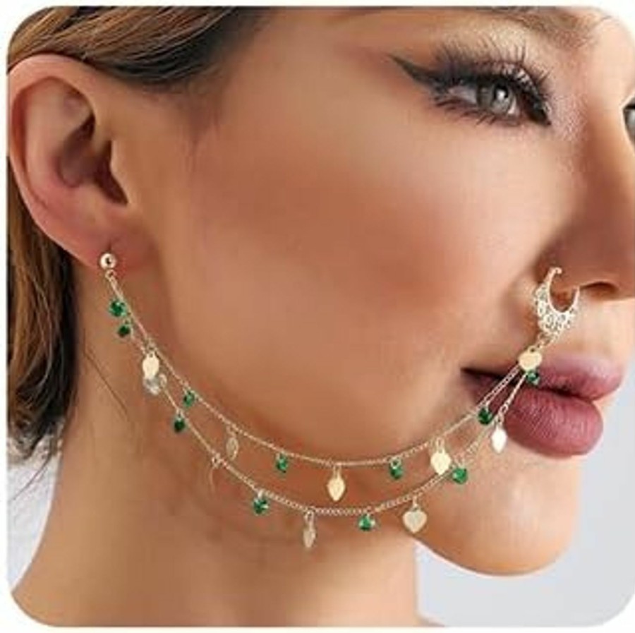 Wiwpar Wiwpar Gold Nose Rings Chain Hoop Green Beaded Layered Tassel Non Piercing Nose Hoop Chain Nose To Ear Chain Jewelry Nose Ring Body Jewelry For Women Girls Halloween Costume (Style2) Faux Body Piercing Jewelry