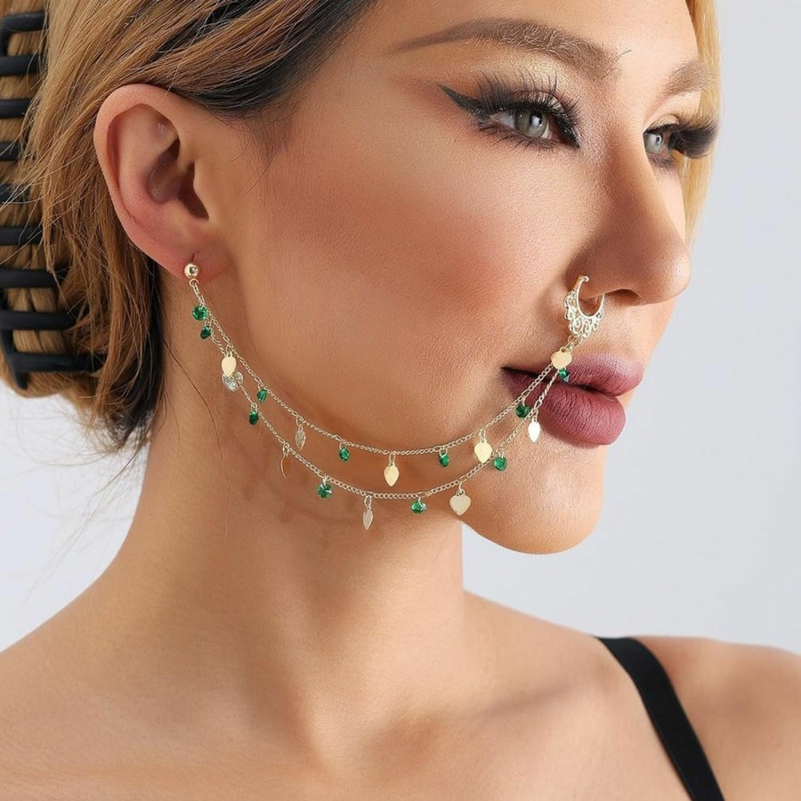 Wiwpar Wiwpar Gold Nose Rings Chain Hoop Green Beaded Layered Tassel Non Piercing Nose Hoop Chain Nose To Ear Chain Jewelry Nose Ring Body Jewelry For Women Girls Halloween Costume (Style2) Faux Body Piercing Jewelry