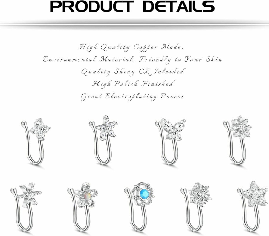 Sanfenly Sanfenly 9Pcs Fake Nose Ring Clip On Faux Nose Rings Nose Cuff Non Piercing Nose Rings For Women Non Piercing Jewelry Faux Body Piercing Jewelry