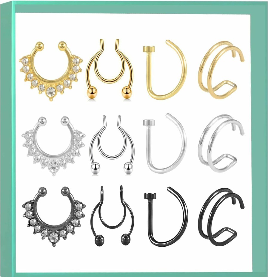 Amoina Amoina Fake Nose Rings Hoop Clip-On Stainless Steel Septum Jewelry Non Piercing Fake Cartilage Earring Lip Rings Faux Nose Ring Piercing Jewelry For Women Men Faux Body Piercing Jewelry