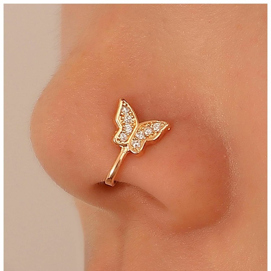 Erimberate Erimberate Punk Crystal Nose Ring Gold Paved Cz Butterfly Non Piercing Nose Ring Cz Butterfly Nose Ring Hoop Rhinestone Butterfly Nose Ring Jewelry For Women And Girls Gifts Faux Body Piercing Jewelry