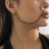 Kenjudess Kenjudess Vintage Black Beaded Tassel Nose Ring With Chain To Ear Stud Non-Pierced Septum Hoop Ring Indian Belly Dance Party Nose Accessories For Women And Girls Faux Body Piercing Jewelry