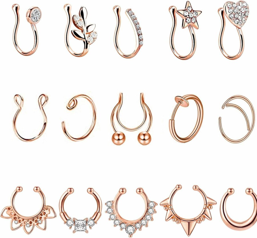 Vegolita Vegolita 15 Pcs Stainless Steel Fake Nose Ring Hoop For Men Women Faux Septum Piercing Ring Fake Nose Cuff Faux Body Piercing Jewelry