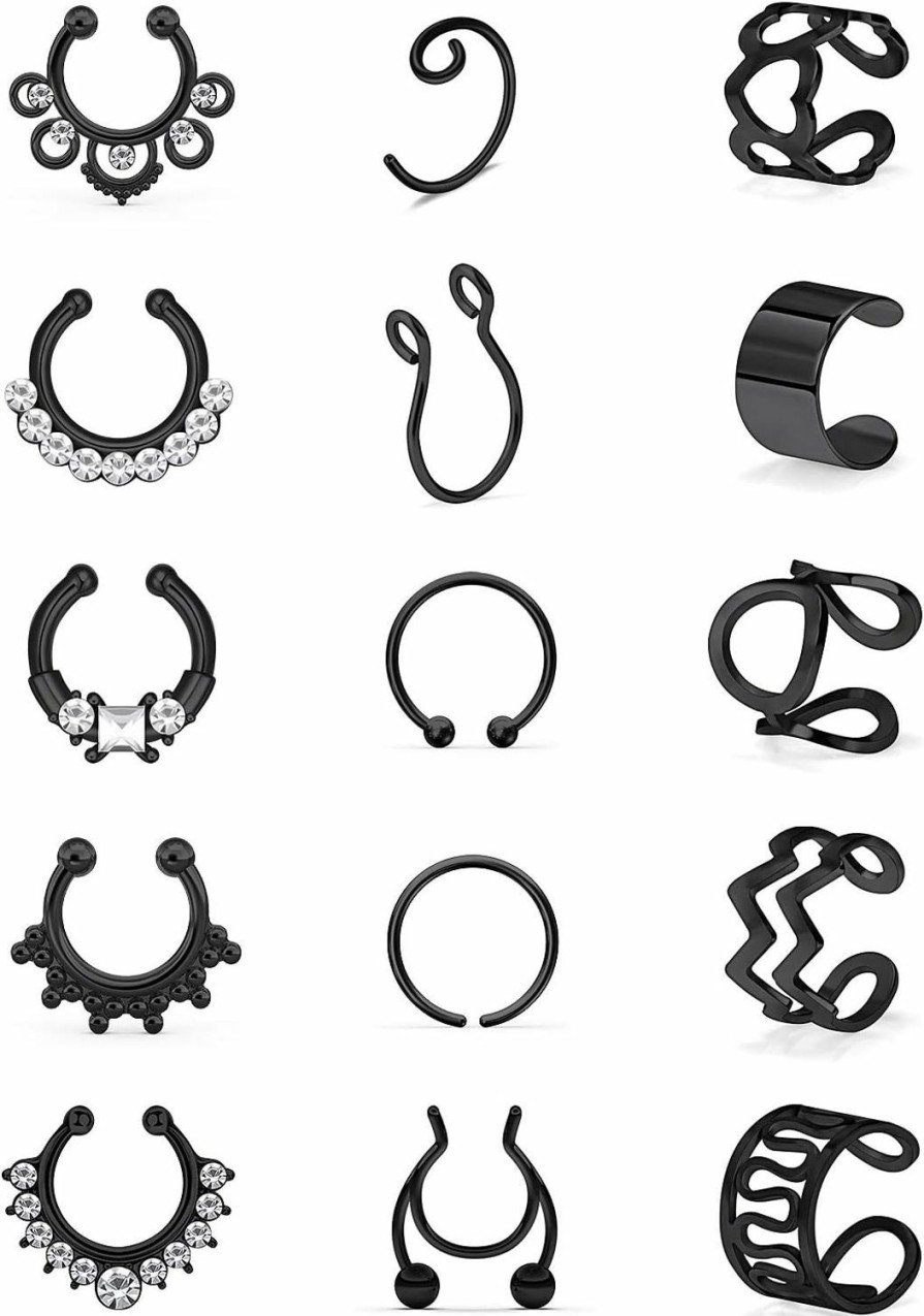 SCERRING Scerring Fake Septum Nose Hoop Rings Stainless Steel Faux Lip Ear Nose Septum Ring Non Piercing Clip On Nose Hoop Rings Body Piercing Jewelry Clear Cz 15Pcs Faux Body Piercing Jewelry