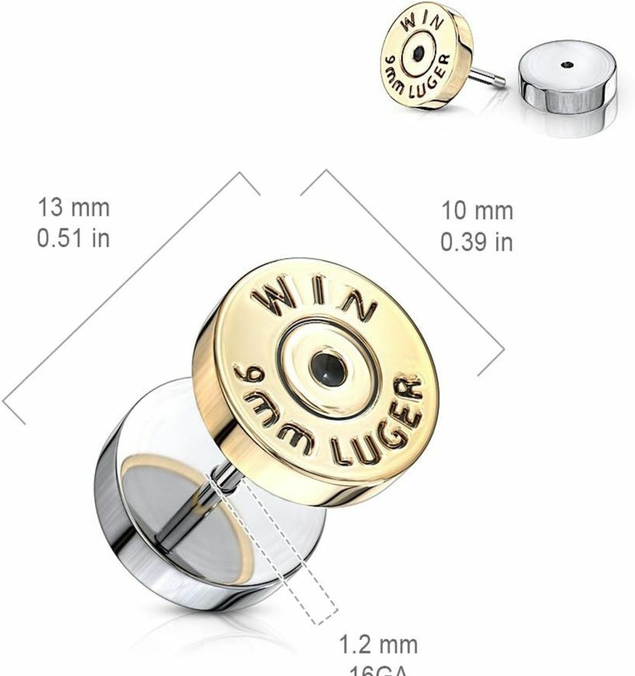 Pierced Owl 16Ga Winchester 9Mm Luger Bullet Casing 316L Stainless Steel Fake Cheater Plugs, Sold As A Pair Faux Body Piercing Jewelry