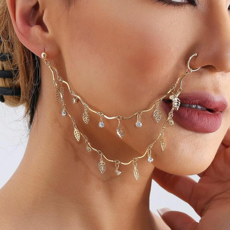 Octwine Octwine Women Tassels Nose Rings Earrings Chain Hoops Earrings Chain Fake Nose Ring Chain Non Piercing Nose Rings Earrings To Dangle Halloween Earring For Women (Gold 2) Faux Body Piercing Jewelry