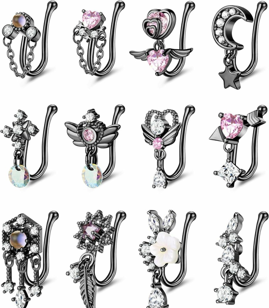 ORAZIO Orazio Fake Nose Ring 12Pcs Faux Nose Rings For Women Dangle Clip On Nose Ring Nose Cuffs For Non Pierced Nose Heart Flower Fake Nose Piercing For Women Non Piercing Faux Body Piercing Jewelry