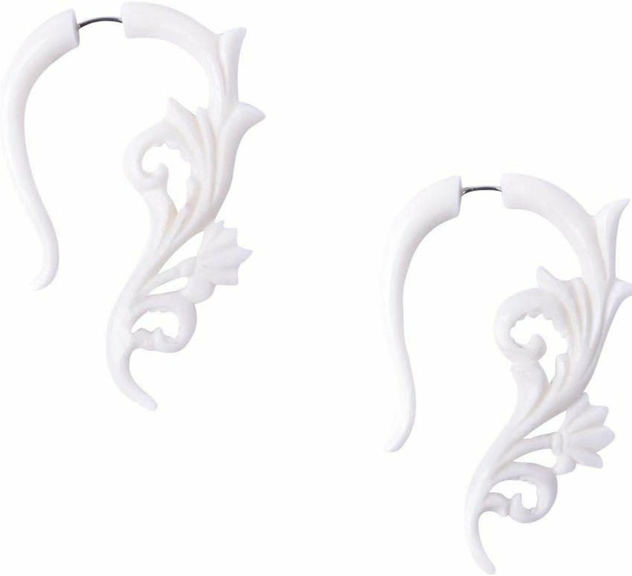 81stgeneration 81Stgeneration Fake Ear Tapers For Women - White Carved Bone Jewelry - Floral Style Carving - Men'S Fake Stretcher Earrings - Fake Tribal Gauges - Bone Earrings Halloween Faux Body Piercing Jewelry