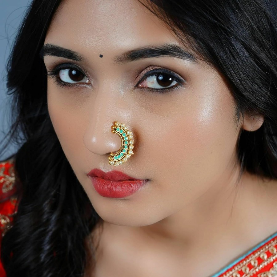 LOVENSPIRE Lovenspire Antique Pressing Moon Nose Ring Gold Plating Clip On Marathi Nath Nosepin Jewelry For Women Bollywood Style Indian Snap On Nose Ring Jewelry Gift For Girls Non-Piercing Nosepin Faux Body Piercing Jewelry