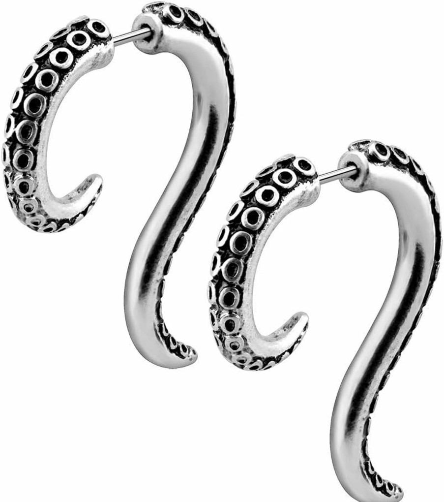 OUFER Oufer 2Pcs 18G Stainless Steel Octopus Earrings Fake Spiral Tapers Fake Gauges Faux Plug Taper Faux Body Piercing Jewelry