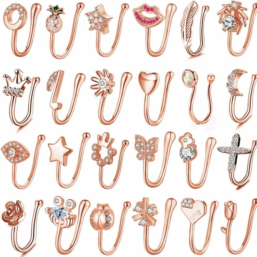 NASAMA Nasama 24Pcs Fake Nose Ring Fake Septum Hoop For Women Cz Nose Ring Nose Cuffs For Non Pierced Nose Faux Body Piercing Jewelry